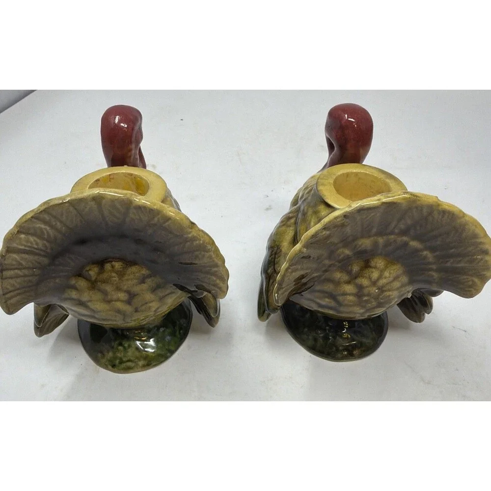 Vintage Japan Napcoware Hand-Painted Ceramic Turkey Candlesticks - Set of Two